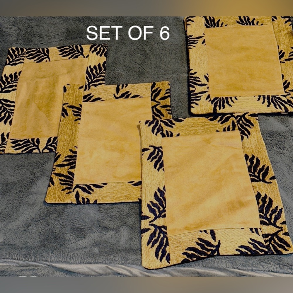 Set of 6 Suede Like Golden Place Mats with Deep Navy Leaves NWOT